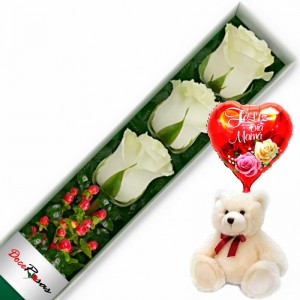 CAJA CON 3 ROSAS BLANCAS MÁS PELUCHE Y GLOBO DÍA DE LA MAMÁ CAJA CON 3 ROSAS BLANCAS MÁS PELUCHE Y GLOBO DÍA DE LA MAMÁ