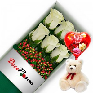 CAJA CON 6 ROSAS BLANCAS MÁS PELUCHE Y GLOBO DÍA DE LA MAMÁ CAJA CON 6 ROSAS BLANCAS MÁS PELUCHE Y GLOBO DÍA DE LA MAMÁ