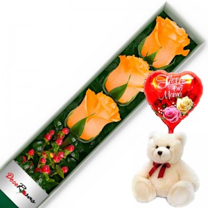 CAJA CON 3 ROSAS DAMASCO MÁS PELUCHE Y GLOBO DÍA DE LA MAMÁ CAJA CON 3 ROSAS DAMASCO MÁS PELUCHE Y GLOBO DÍA DE LA MAMÁ