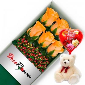 CAJA CON 6 ROSAS DAMASCO MÁS PELUCHE Y GLOBO DÍA DE LA MAMÁ CAJA CON 6 ROSAS DAMASCO MÁS PELUCHE Y GLOBO DÍA DE LA MAMÁ