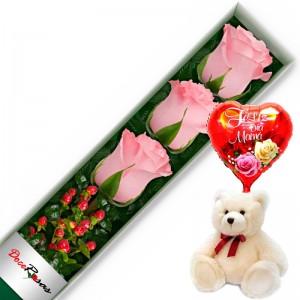 CAJA CON 3 ROSAS RASADAS MÁS PELUCHE Y GLOBO DÍA DE LA MAMÁ CAJA CON 3 ROSAS RASADAS MÁS PELUCHE Y GLOBO DÍA DE LA MAMÁ