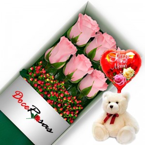 CAJA CON 6 ROSAS ROSADAS MÁS PELUCHE Y GLOBO DÍA DE LA MAMÁ CAJA CON 6 ROSAS ROSADAS MÁS PELUCHE Y GLOBO DÍA DE LA MAMÁ