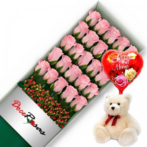 CAJA CON 24 ROSAS ROSADAS MÁS PELUCHE Y GLOBO DÍA DE LA MAMÁ CAJA CON 24 ROSAS ROSADAS MÁS PELUCHE Y GLOBO DÍA DE LA MAMÁ