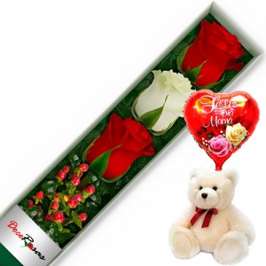 CAJA CON 3 ROSAS ROJAS Y BLANCAS MÁS PELUCHE Y GLOBO DÍA DE LA MAMÁ CAJA CON 3 ROSAS ROJAS Y BLANCAS MÁS PELUCHE Y GLOBO DÍA DE LA MAMÁ