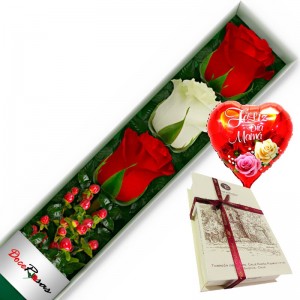 CAJA CON 3 ROSAS ROJAS Y BLANCAS MÁS CHOCOLATE Y GLOBO DÍA DE LA MAMÁ CAJA CON 3 ROSAS ROJAS Y BLANCAS MÁS CHOCOLATE Y GLOBO DÍA DE LA MAMÁ