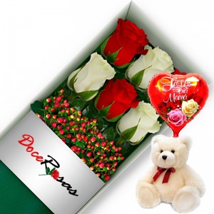 CAJA CON 6 ROSAS ROJAS Y BLANCAS MÁS PELUCHE Y GLOBO DÍA DE LA MAMÁ CAJA CON 6 ROSAS ROJAS Y BLANCAS MÁS PELUCHE Y GLOBO DÍA DE LA MAMÁ