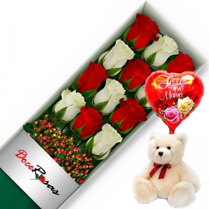 CAJA CON 12 ROSAS ROJAS Y BLANCAS MÁS PELUCHE Y GLOBO DÍA DE LA MAMÁ CAJA CON 12 ROSAS ROJAS Y BLANCAS MÁS PELUCHE Y GLOBO DÍA DE LA MAMÁ