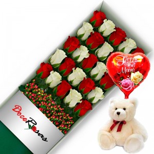 CAJA CON 24 ROSAS ROJAS Y BLANCAS MÁS PELUCHE Y GLOBO DÍA DE LA MAMÁ CAJA CON 24 ROSAS ROJAS Y BLANCAS MÁS PELUCHE Y GLOBO DÍA DE LA MAMÁ