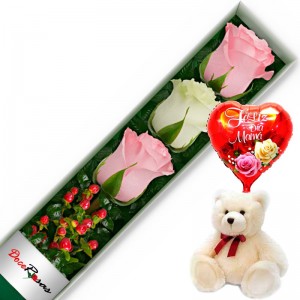 CAJA CON 3 ROSAS RASADAS Y BLANCAS MÁS PELUCHE Y GLOBO DÍA DE LA MAMÁ CAJA CON 3 ROSAS RASADAS Y BLANCAS MÁS PELUCHE Y GLOBO DÍA DE LA MAMÁ