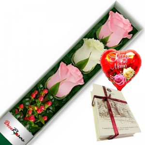CAJA CON 3 ROSAS ROSADAS Y BLANCAS MÁS CHOCOLATE Y GLOBO DÍA DE LA MAMÁ CAJA CON 3 ROSAS ROSADAS Y BLANCAS MÁS CHOCOLATE Y GLOBO DÍA DE LA MAMÁ