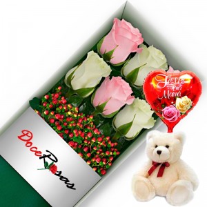 CAJA CON 6 ROSAS ROSADAS Y BLANCAS MÁS PELUCHE Y GLOBO DÍA DE LA MAMÁ CAJA CON 6 ROSAS ROSADAS Y BLANCAS MÁS PELUCHE Y GLOBO DÍA DE LA MAMÁ