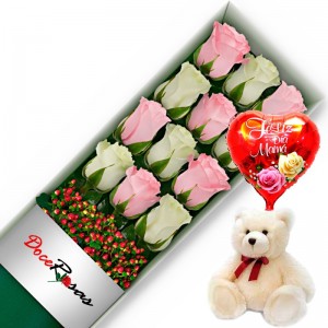 CAJA CON 12 ROSAS ROSADAS Y BLANCAS MÁS PELUCHE Y GLOBO DÍA DE LA MAMÁ CAJA CON 12 ROSAS ROSADAS Y BLANCAS MÁS PELUCHE Y GLOBO DÍA DE LA MAMÁ