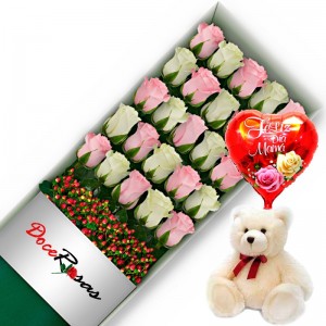 CAJA CON 24 ROSAS ROSADAS Y BLANCAS MÁS PELUCHE Y GLOBO DÍA DE LA MAMÁ CAJA CON 24 ROSAS ROSADAS Y BLANCAS MÁS PELUCHE Y GLOBO DÍA DE LA MAMÁ