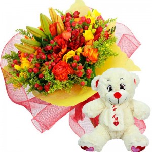 RAMO DE FLORES MIX ROSAS - GERBERAS Y PELUCHE RAMO DE FLORES MIX ROSAS - GERBERAS Y PELUCHE