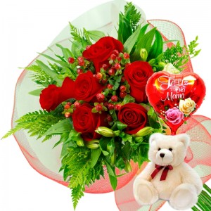 Ramo 6 Rosas Rojas + Globo día de la madre y Peluche Ramo 6 Rosas Rojas + Globo día de la madre y Peluche
