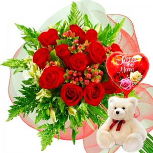 Ramo 12 Rosas Rojas + Globo día de la madre y Peluche Ramo 12 Rosas Rojas + Globo día de la madre y Peluche