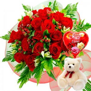 Ramo 24 Rosas Rojas + Globo día de la madre y Peluche Ramo 24 Rosas Rojas + Globo día de la madre y Peluche
