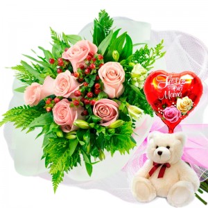 Ramo 6 Rosas Rosadas más Globo día de la madre y Peluche Ramo 6 Rosas Rosadas más Globo día de la madre y Peluche