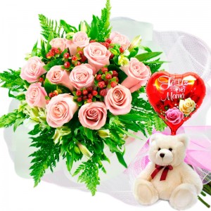 Ramo 12 Rosas Rosadas más Globo día de la madre y Peluche Ramo 12 Rosas Rosadas más Globo día de la madre y Peluche