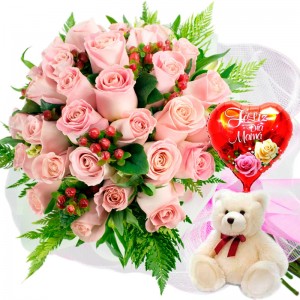 Ramo de 24 Rosas Rosadas más Globo día de la Madre y Peluche Ramo de 24 Rosas Rosadas más Globo día de la Madre y Peluche