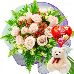 Ramo 12 Rosas Blancas más Globo día de la Madre y Peluche Ramo 12 Rosas Blancas más Globo día de la Madre y Peluche