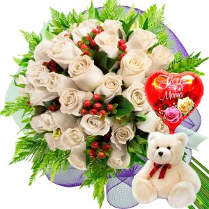 Ramo de 24 Rosas Blancas más Globo día de la Madre y Peluche Ramo de 24 Rosas Blancas más Globo día de la Madre y Peluche