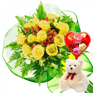 Ramo 12 Rosas Amarillas más Globo día de la Madre y Peluche Ramo 12 Rosas Amarillas más Globo día de la Madre y Peluche