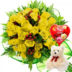 Ramo 24 Rosas Amarillas más Globo día de la Madre y Peluche Ramo de 24 Rosas Amarillas más Globo día de la Madre y Peluche