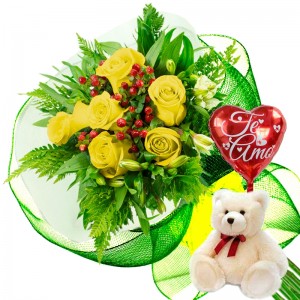 Ramo 6 Rosas Amarillas más Globo día de la Madre y Peluche Ramo de 6 Rosas Amarillas más Globo día de la Madre y Peluche