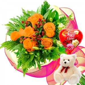 Ramo 6 Rosas Damasco más Globo día de la Madre y Peluche Ramo 6 Rosas Damasco más Globo día de la Madre y Peluche