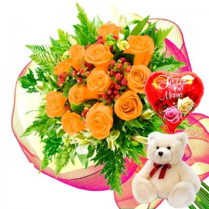 Ramo 12 Rosas Damasco más Globo día de la Madre y Peluche Ramo 12 Rosas Damasco más Globo día de la Madre y Peluche
