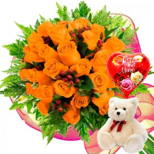 Ramo 24 Rosas Damasco más Globo día de la Madre y Peluche Ramo 24 Rosas Damasco más Globo día de la Madre y Peluche