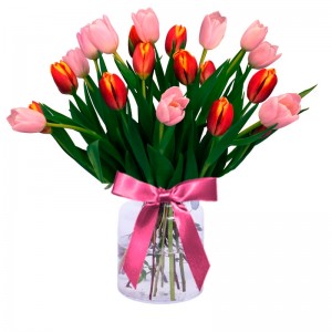 Florero con 20 Tulipanes Rosados y Naranjos Florero con 20 Tulipanes Rosados y Naranjos