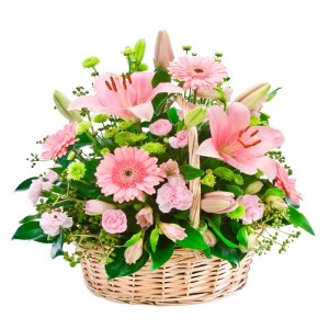 Cesta de Flores Grande con flores Liliums y Gerberas color Rosadas