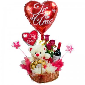 Cesta para Regalo con Rosas Peluche Vino Globos y Chocolates. Cesta para Regalo con Rosas Peluche Vino Globos y Chocolates.