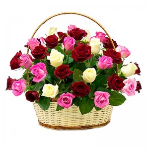 Canastillo Redondo Mediano Tricolor con 30 Rosas blancas, rojas y Rosadas Canastillo Redondo Mediano Tricolor con 30 Rosas blancas, rojas y Rosadas