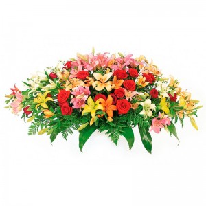 Arreglo de floral para condolencias en forma de ovalo con 24 rosas rojas y 20 varas de Liliums multicolores Arreglo de floral para condolencias en forma de ovalo con 24 rosas rojas y 20 varas de Liliums multicolores
