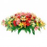Arreglo de floral para condolencias en forma de ovalo con 24 rosas rojas y 20 varas de Liliums multicolores