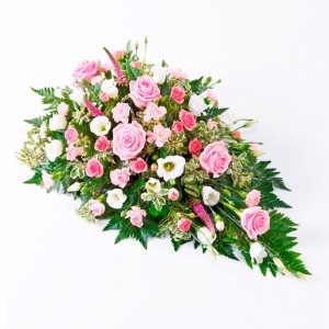 Cubre Urna de flores con 6 rosas rosadas y flores mix en tonos rosa