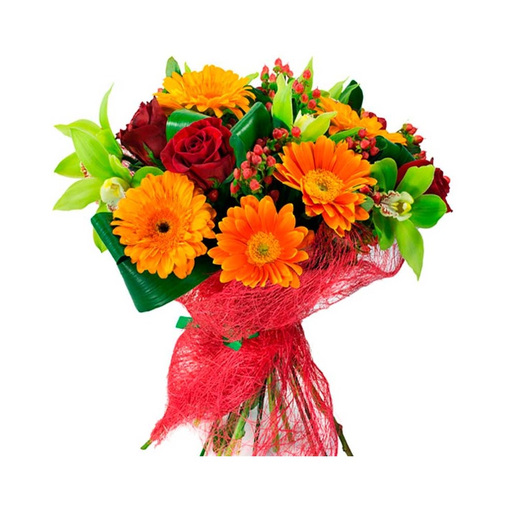 Ramo de Flores con Gerberas Naranjas y Rosas Rojas más flores Mix