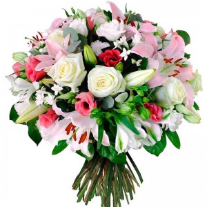 Ramo de Flores Grande con Gerberas Rosas LiIiums más Flores Mix en Tonos Blancos y Rosados Ramo de Flores Grande con Gerberas Rosas LIliums más Flores Mix en Tonos Blacos y Rosados