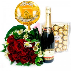 Ramo de 12 Rosas Rojas para Aniversario mas Champagne Bombones y Globo. Ramo de 12 Rosas Rojas para Aniversario Más Champagne Bombones y Globo.