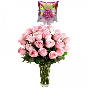 Florero con 24 Rosas Rosadas para Nacimiento con globo es una Niña
