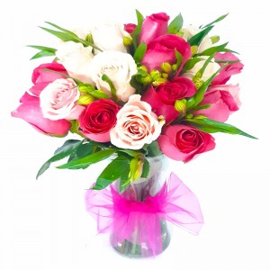 Florero de 12 Rosas Color Mix Fucsia y Rosado