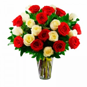 Florero Con 24 Rosas Rojas Y Blancas