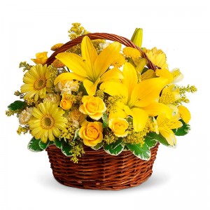 Canastillo Mediano de 12 Rosas y Liliums flores Amarillas