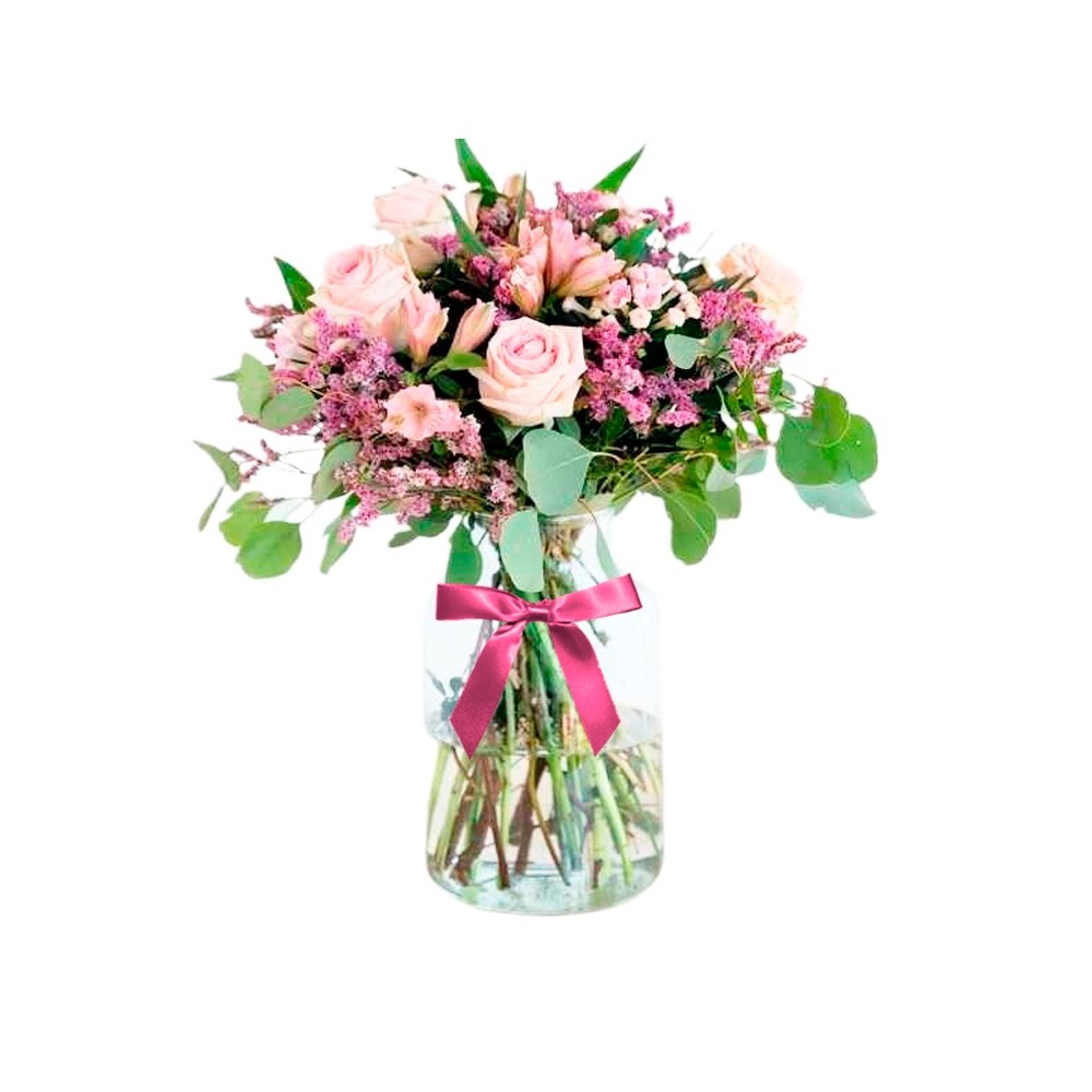 Florero Rústico con Flores Rosadas Eucalipto 6 rosas Astromelias Limonios y  Flores Silvestres