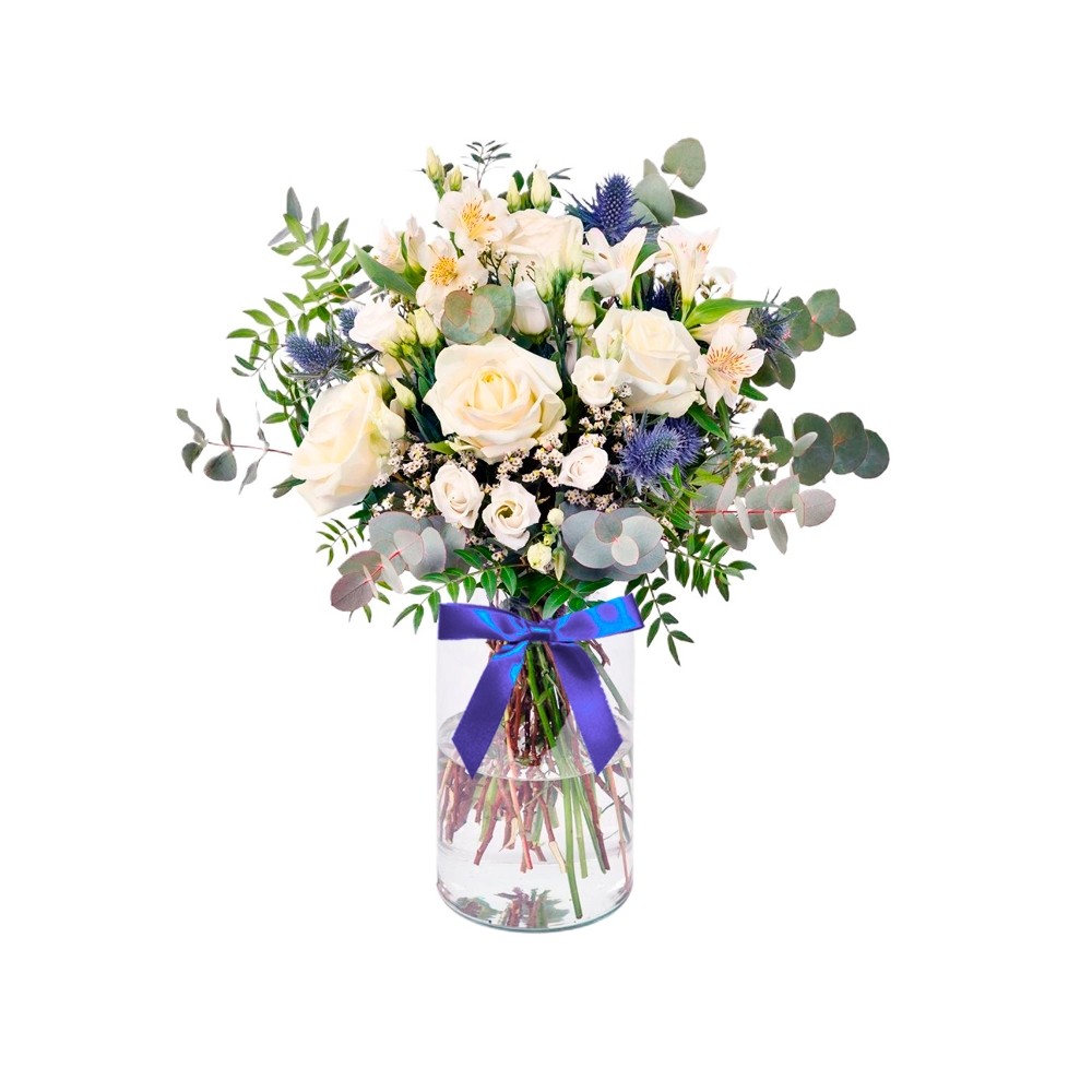 Florero Rustico con flores blancas Eucalipto 6 rosas astromelias y flores  silvestres