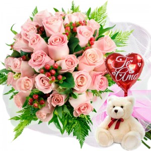 Oferta Ramo 24 Rosas Rosadas + Globo y Peluche