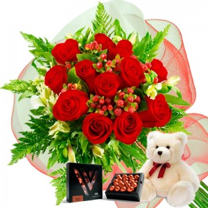 Oferta Ramo 12 Rosas Rojas + Chocolate Gragea Varsovienne y Peluche